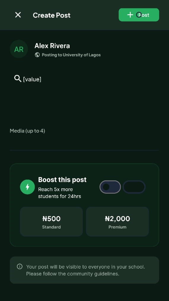 Campuso Create Post screen with the Boost this post option