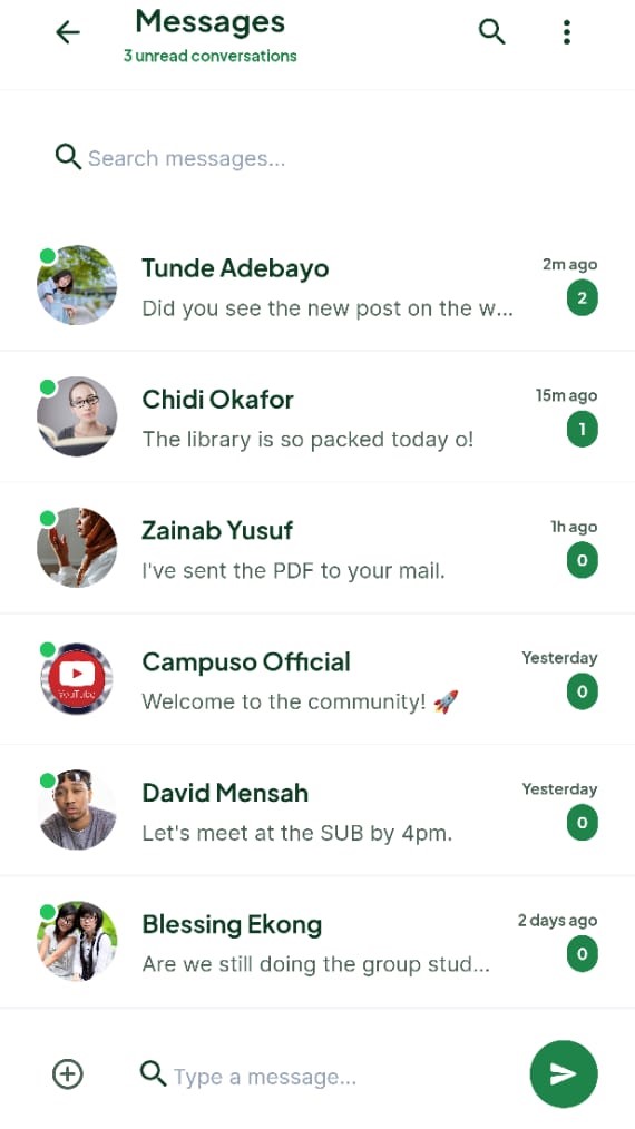Campuso messages screen showing conversations with classmates